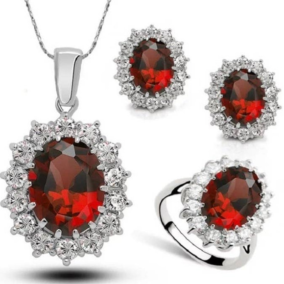 NEW Necklace Earrings Ring 7 Ruby Red Rhinestones CZ Set Jewelry Lot A14 - Picture 1 of 5